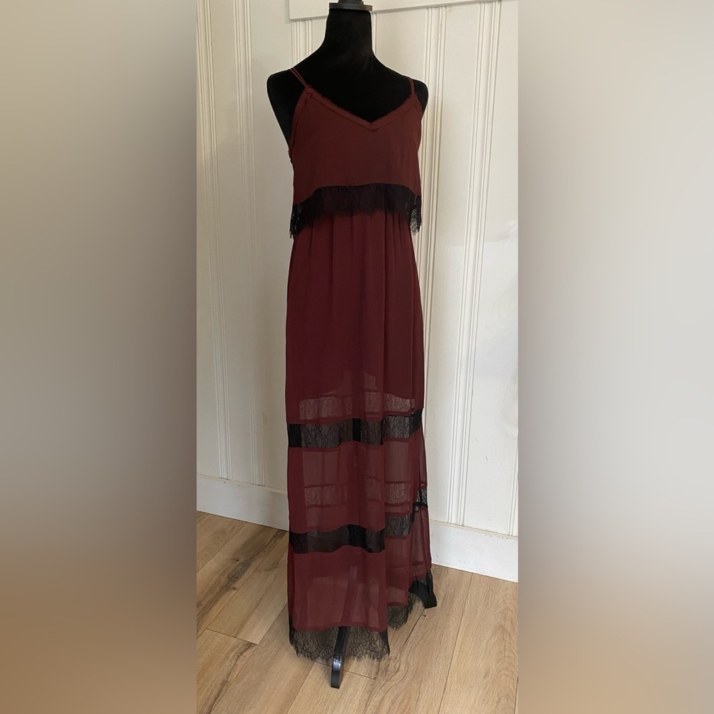 Burgundy dark coquette maxi dress with black lace trim size 6